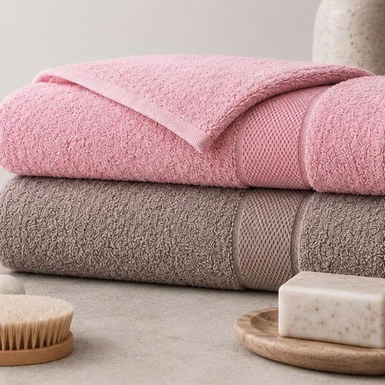 Hai chiếc khăn tắm Toweland màu hồng và ghi gấp gọn cạnh bánh xà phòng.