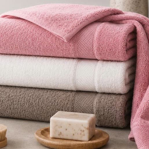 Ba chiếc khăn tắm Toweland màu hồng, trắng và ghi xếp chồng cạnh bánh xà phòng.